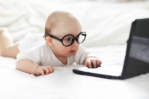 a baby with glasses looking at a laptop