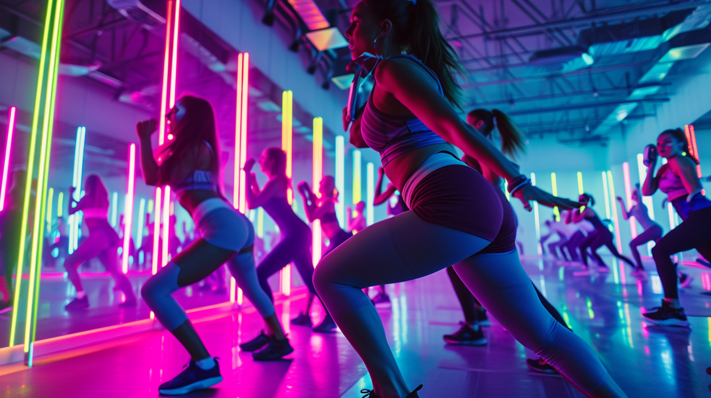 Fitness dance in gym: An enthusiastic person engages in dynamic dance movements, surrounded by the energetic atmosphere of a gym, epitomizing the fusion of fun and fitness
