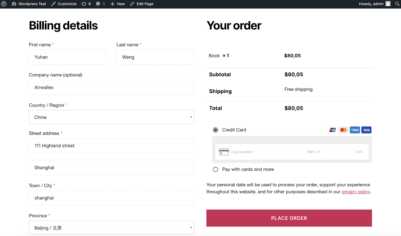 Woocommerce - step 3 - credit card - checkout exp