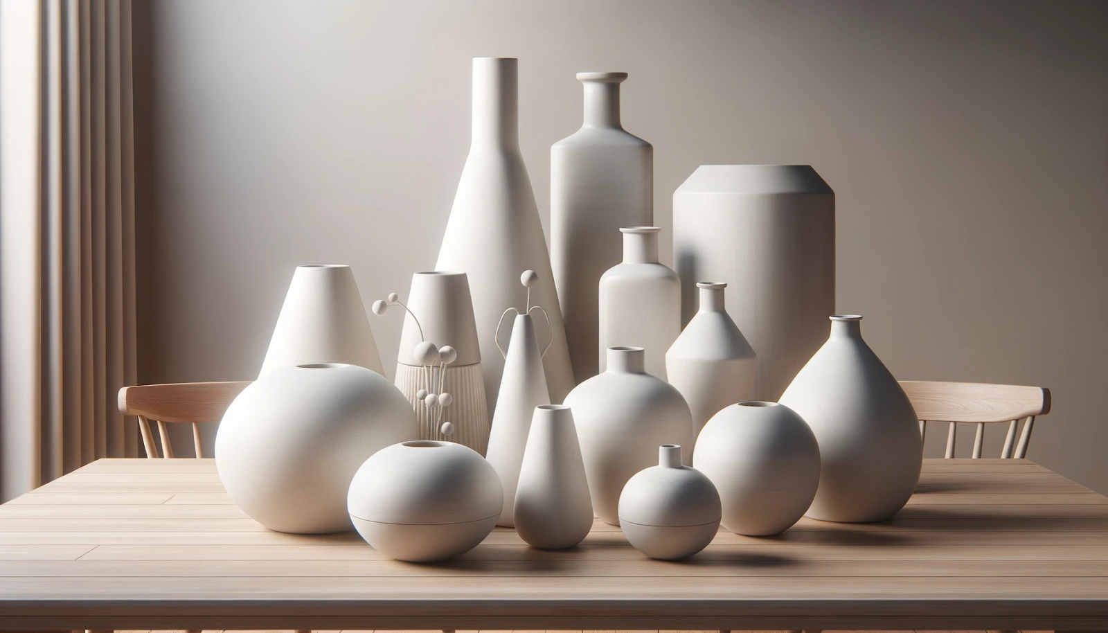 Foto de um cenário moderno e realista mostrando vários vasos de cimento branco. Os vasos variam em tamanho e formato, cada um com design elegante e minimalista, colocados sobre uma mesa de madeira contra um fundo neutro.