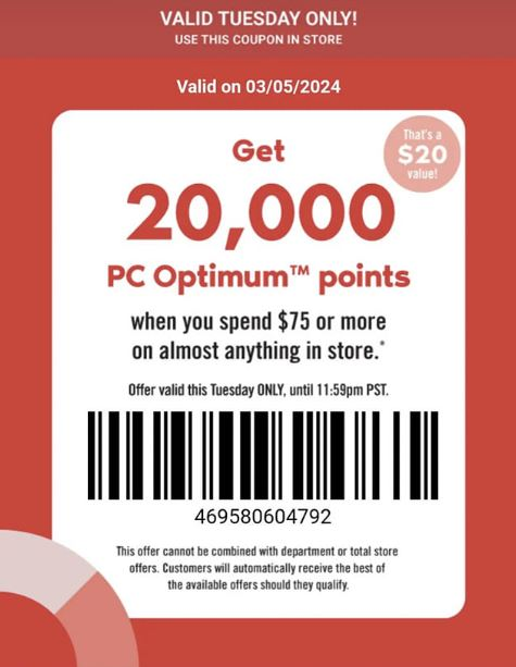 Ad for getting bonus PC Optimum points when you spend $75