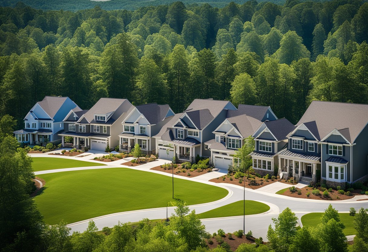 A sunny suburban street with modern custom homes under construction, surrounded by lush green trees and landscaping in Apex, NC
