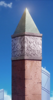 An Op̄tr Obelisk; decorated with murals just below the pyramidion 