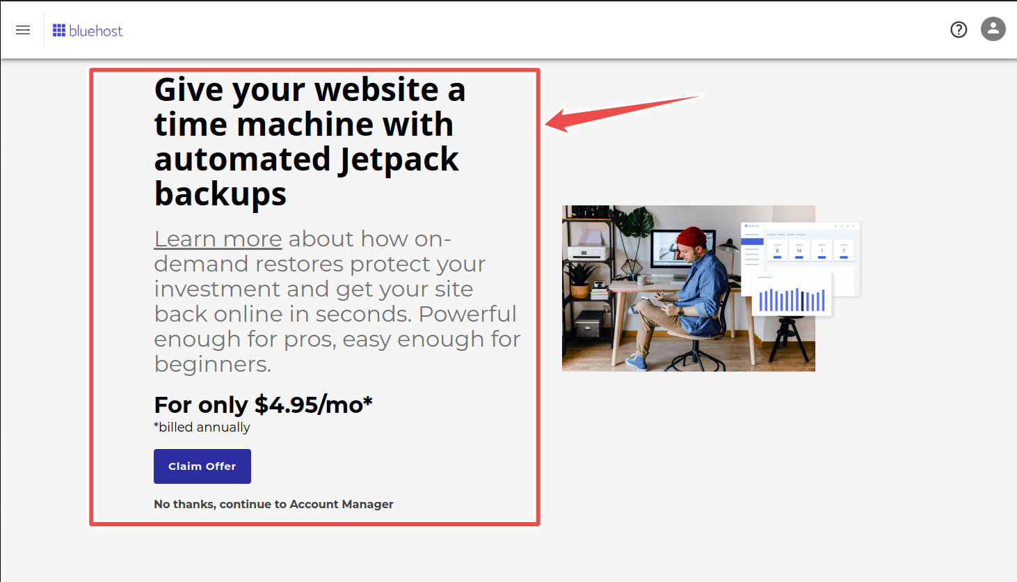 a promotional message in Bluehost UI trying to upsell users