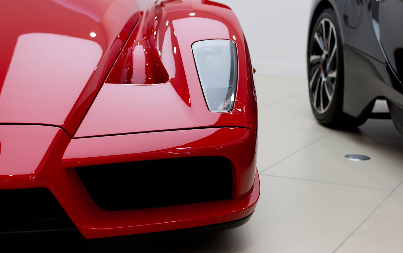 Close-up of front of a red Ferrari