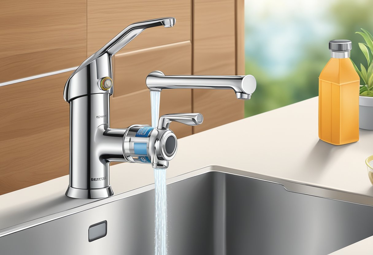 A faucet filter attached to a kitchen sink. Clean, filtered water pours from the spout. The filter is labeled "Benefícios e Vantagens do Filtro de Torneira" in bold lettering