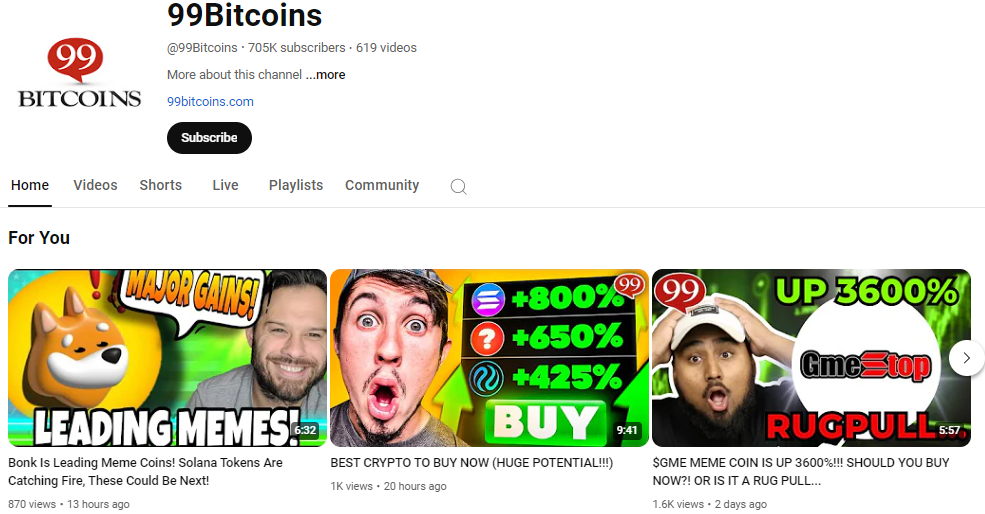 99Bitcoins's Crypto YouTube Channel Homepage