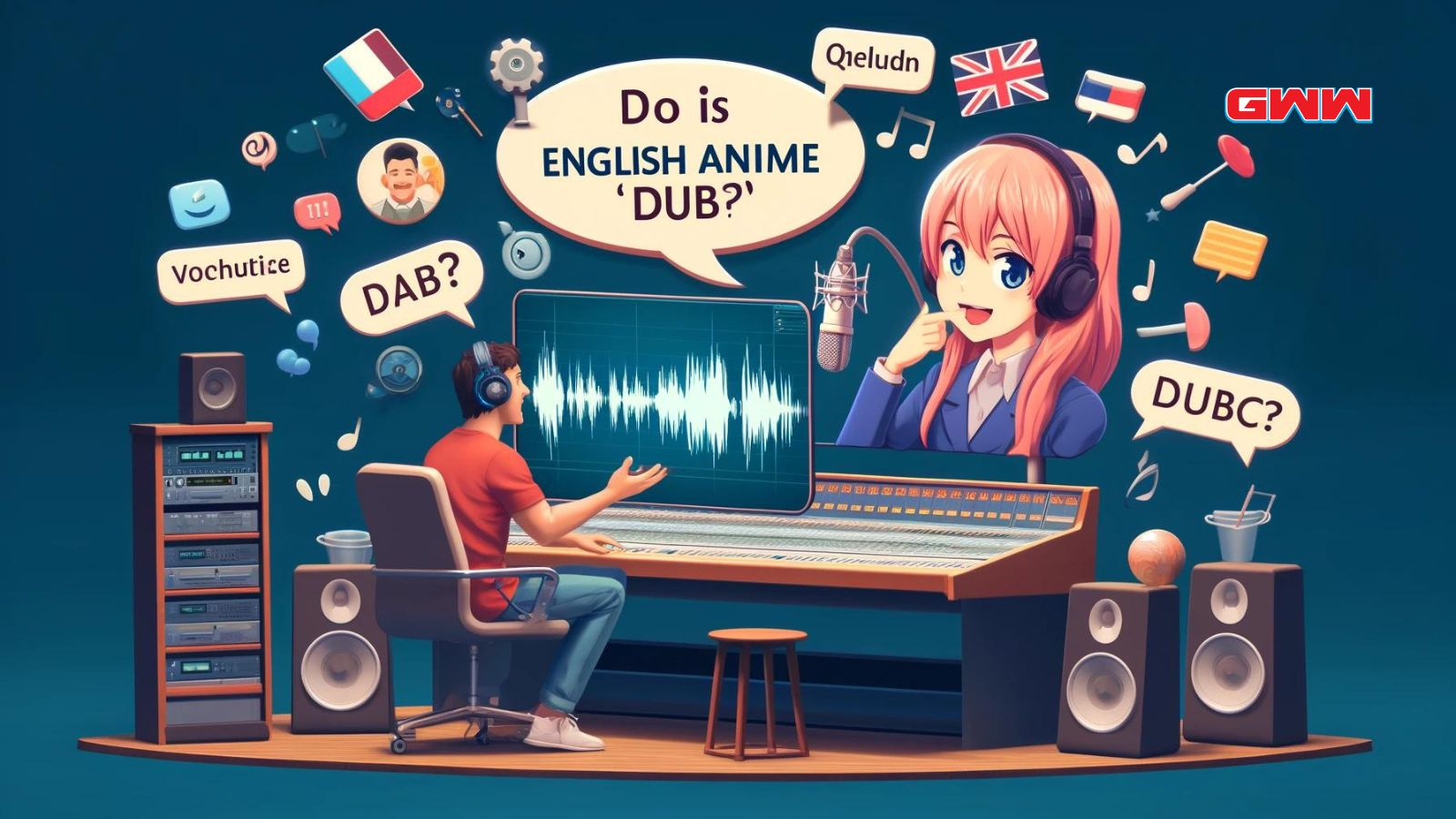 A creative scene explaining why English anime is called 'dub.'