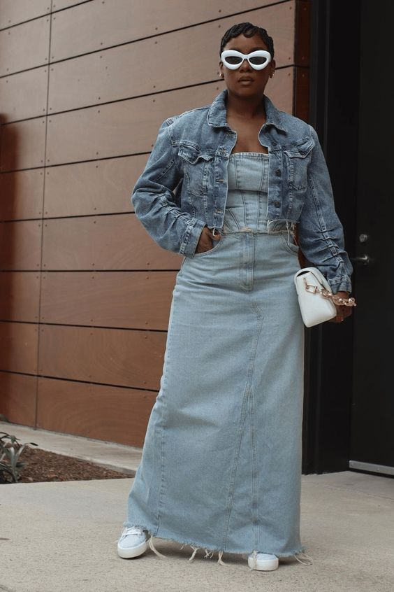 Picture showing a lady rocking a denim on denim 