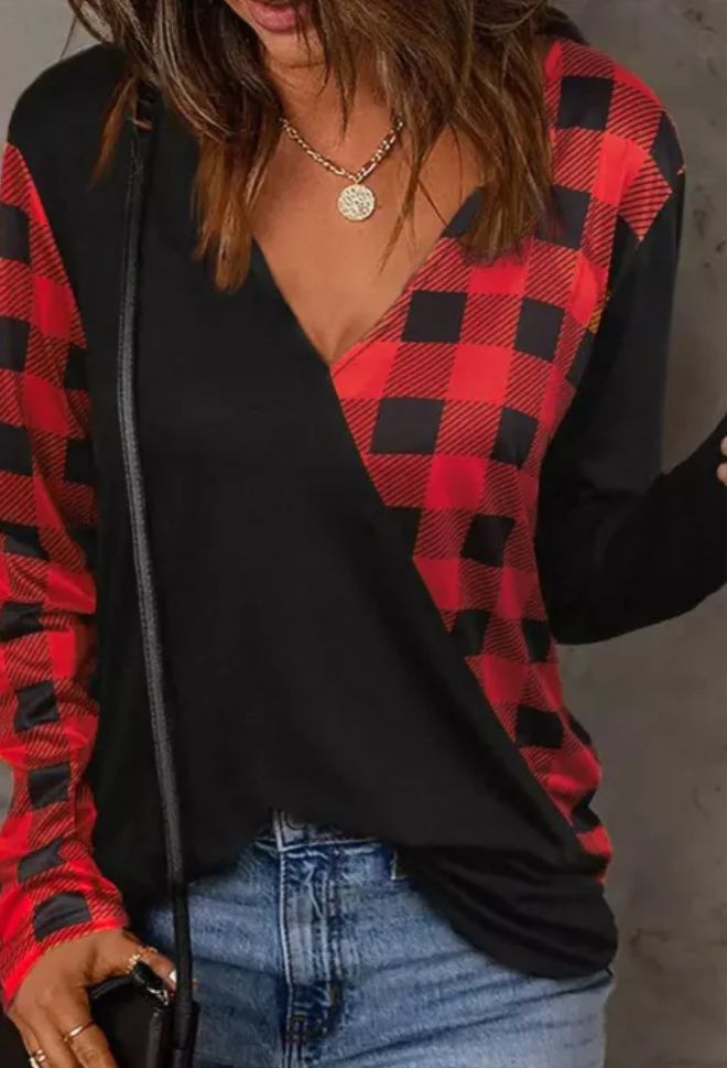 Red Plaid Patchwork None V Neck Casual Blouse