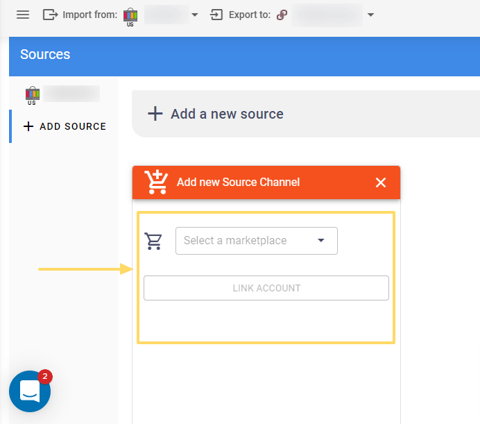 Image Source: app.exportyourstore.com. ExportYourStore’s interface where you can add your source channel and link your account. 