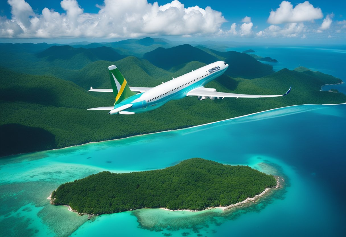 A plane soaring over turquoise waters towards lush, palm-lined shores of Jamaica. Blue skies and fluffy white clouds create a tranquil backdrop for the journey
