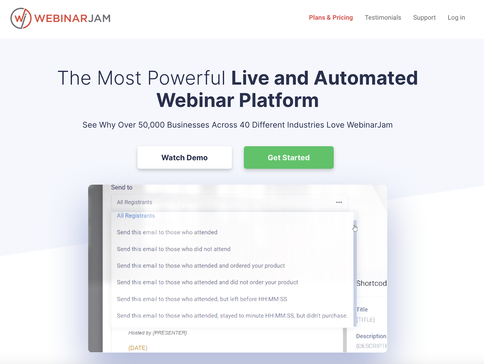 Screenshot of WebinarJam homepage