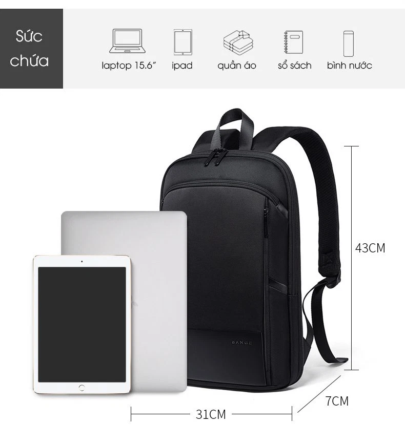 Balo Laptop Đẳng Cấp, Thiết Kế Siêu Mỏng, Gọn Nhẹ, Nới Rộng 7cm BANGE THIN  SMART - Black – BigBag.vn