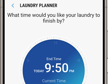 A Galaxy phone displaying a End Time for the laundry to finish.