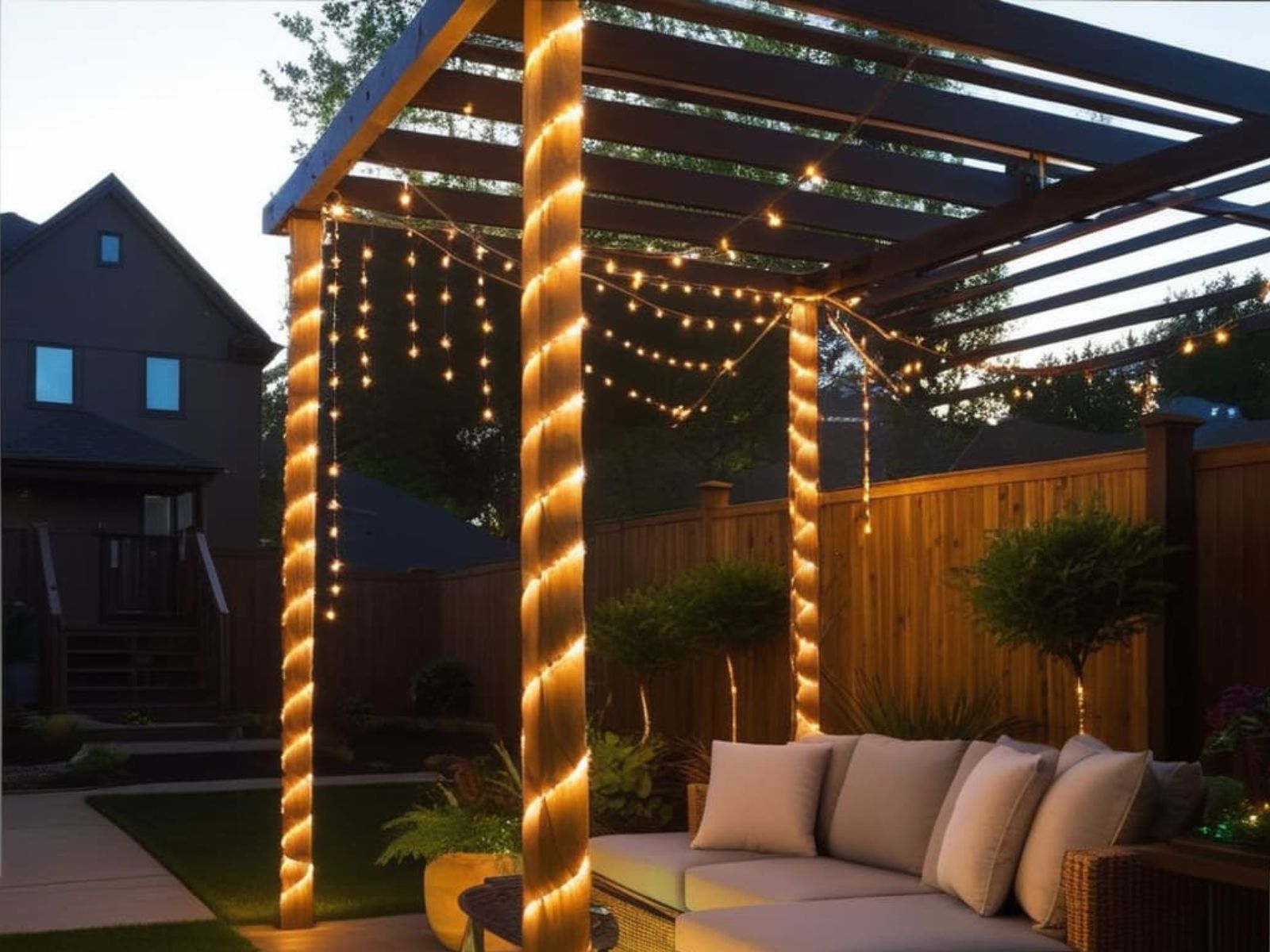 Rope lights wrapped around pillars of a pergola for landscaping