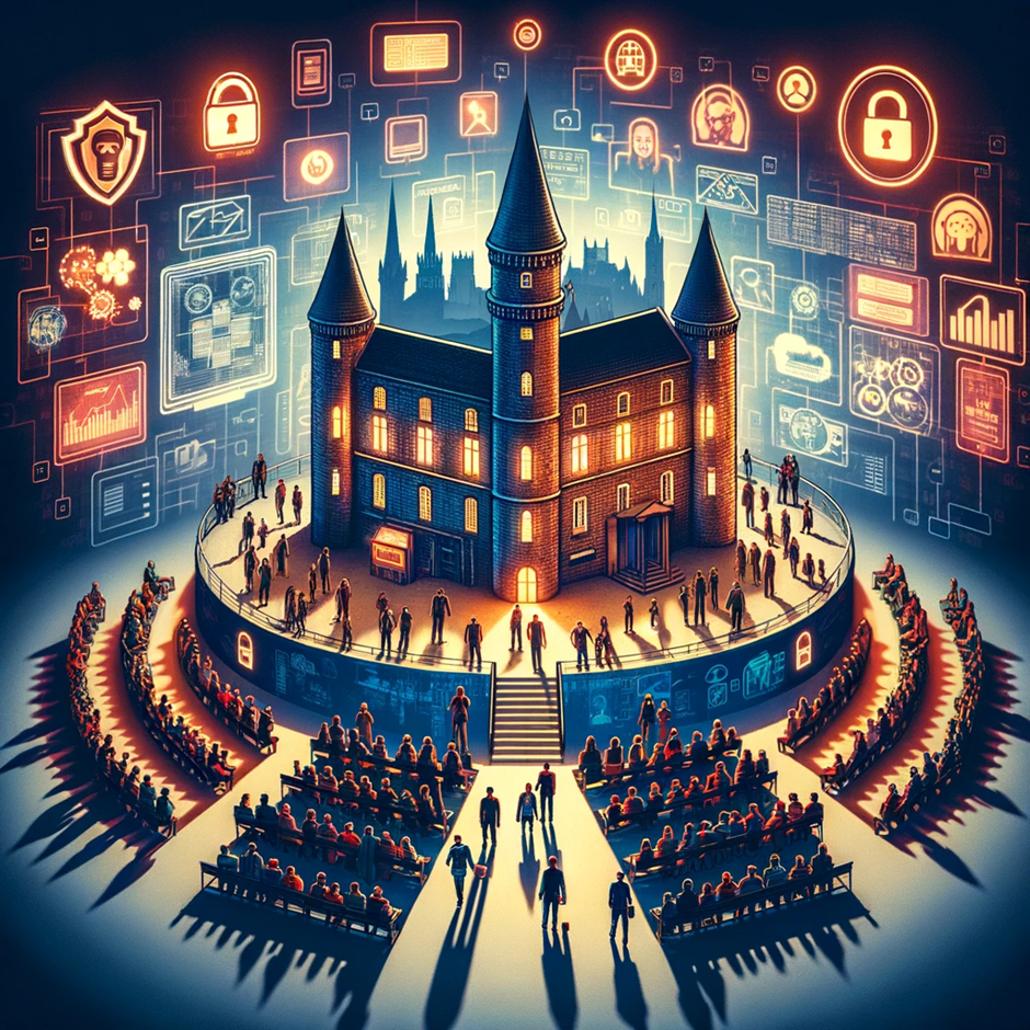 An intricate digital illustration showcasing a castle-like structure at the heart of a circular assembly with numerous figures and digital infographics in the background.