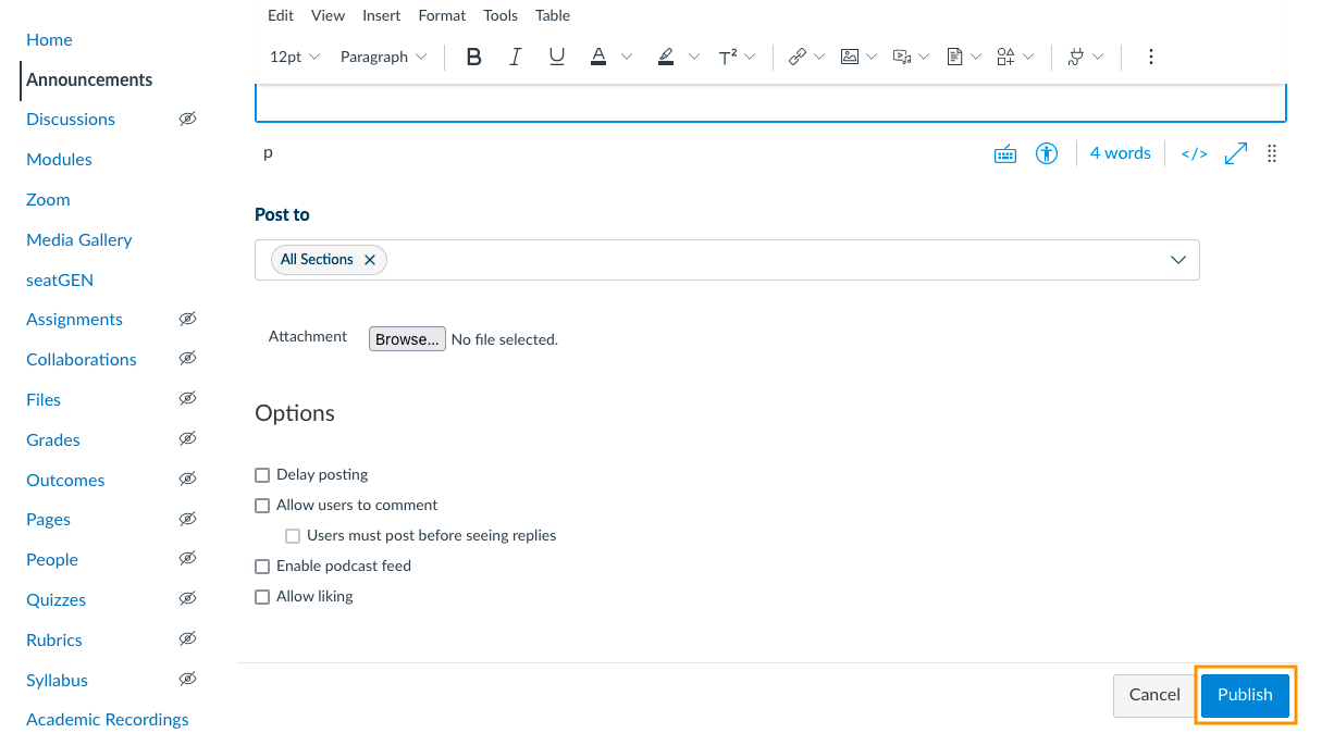second half of Canvas Announcement creation page with publish button highlighted.
