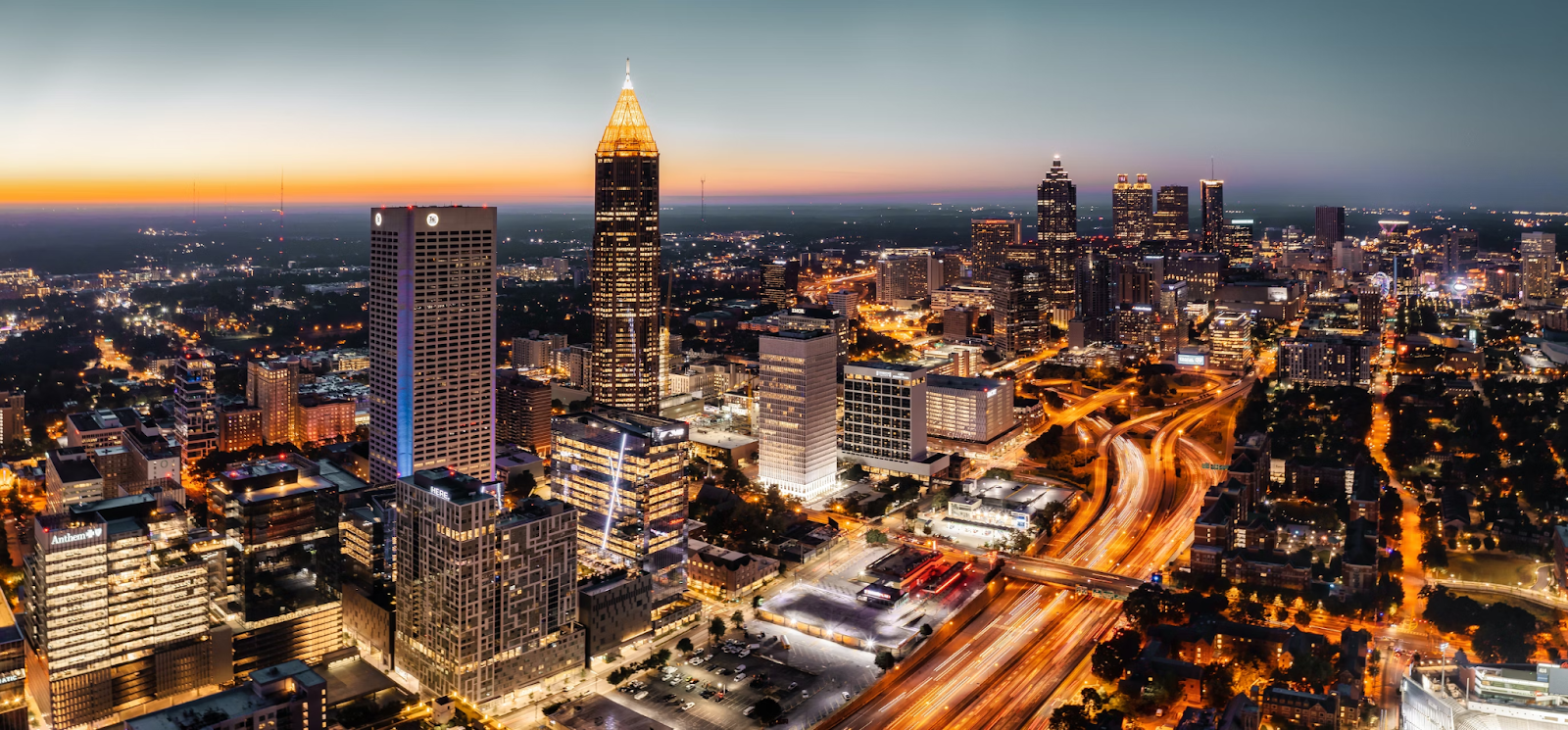 Aerial view of Atlanta at night.