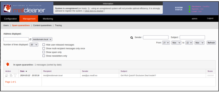 The MailCleaner administrator dashboard.