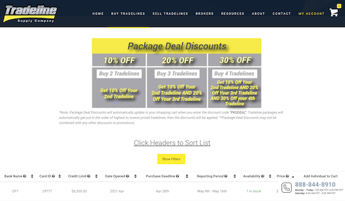 The Tradeline Supply Company website showing pacakge deal discounts of 10%, 20%, and 30% off for buying 2, 3, or 4 tradelines, respectively. 