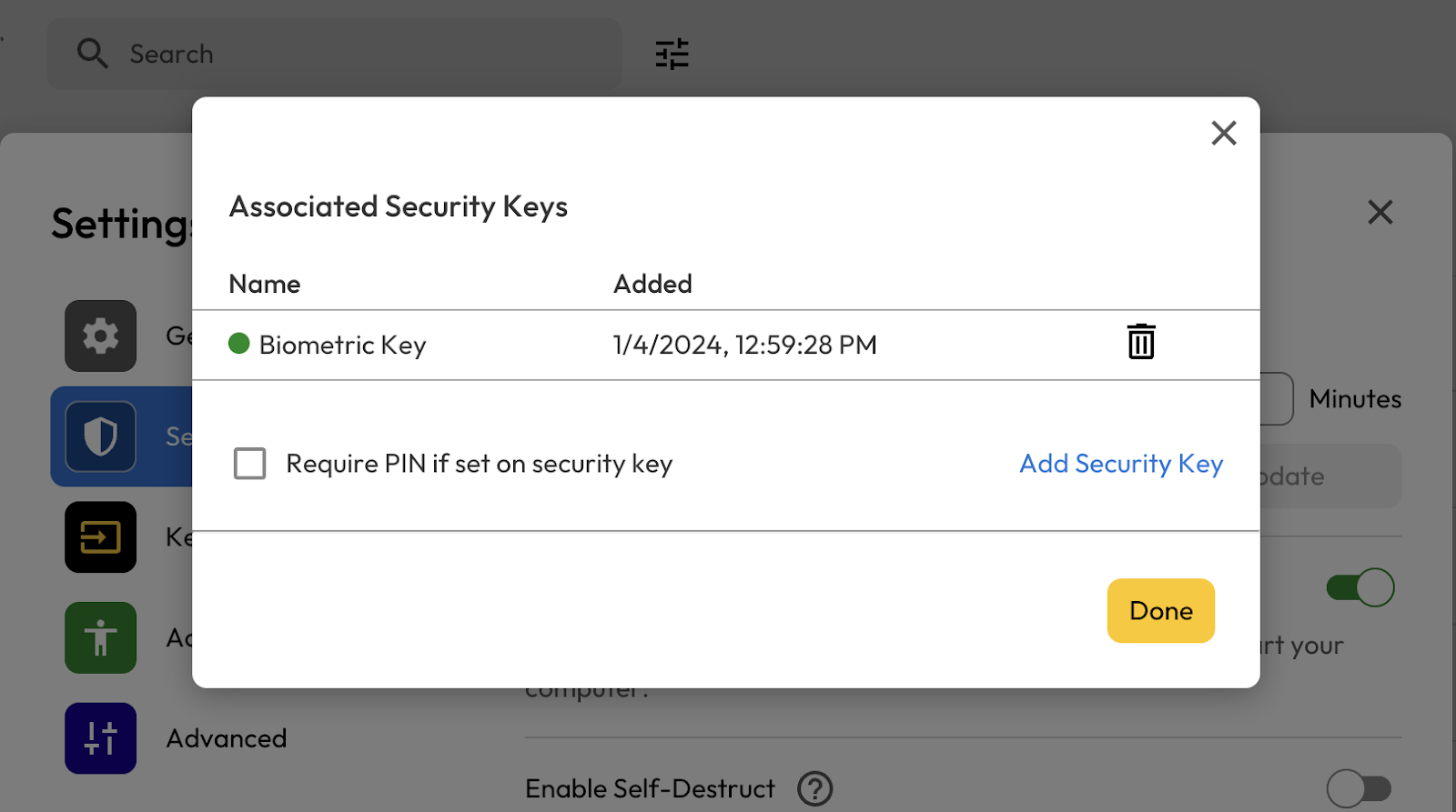 Image showing a registered hardware security key.