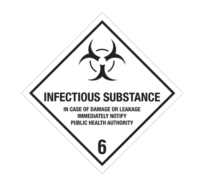 A black and white diamond shaped label with a biohazard symbol and the words “Infectious Substance: In Case of Damage or Leakage Immediately Notify Public Health Authority” and the number “6” on the bottom corner.