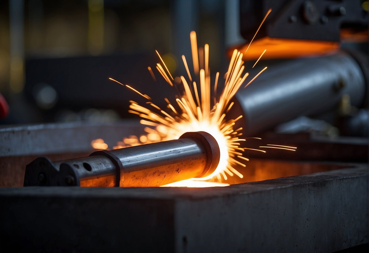 A piece of Vanadis 4E steel being forged under intense heat, glowing orange and emitting sparks as it is shaped into a strong and durable tool or component