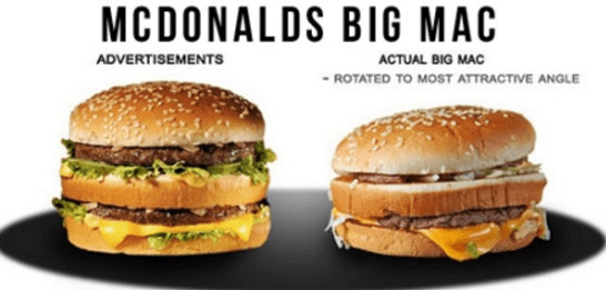 An example of how McDonald's Big Mac is often mis-represented in advertising to look better than reality. 