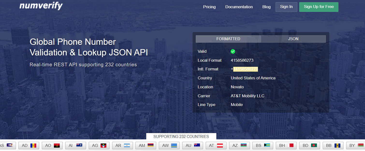 home page of the numverify  number validator and phone number lookup free API