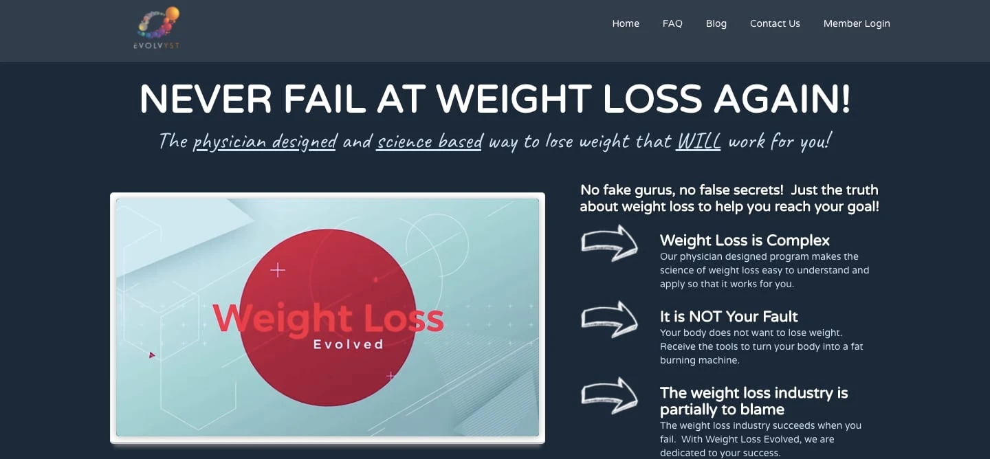 Weight Loss Evolved website homepage