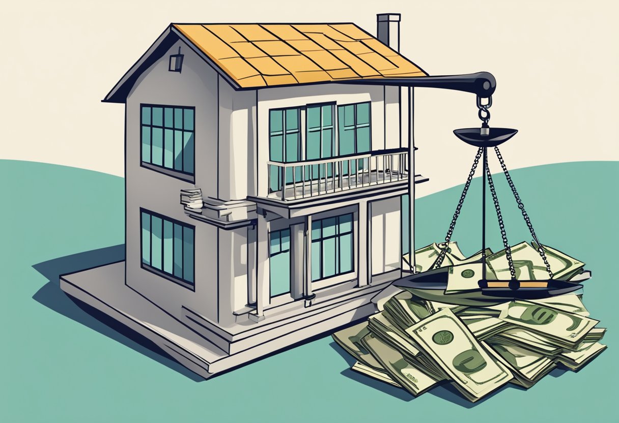 A scale balancing a house and a pile of cash, with arrows pointing to the pros and cons of selling for cash