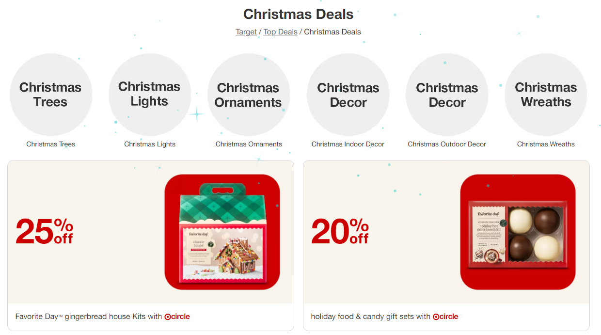 Screenshot of Target Christmas deals and discounts, from lights to decor.