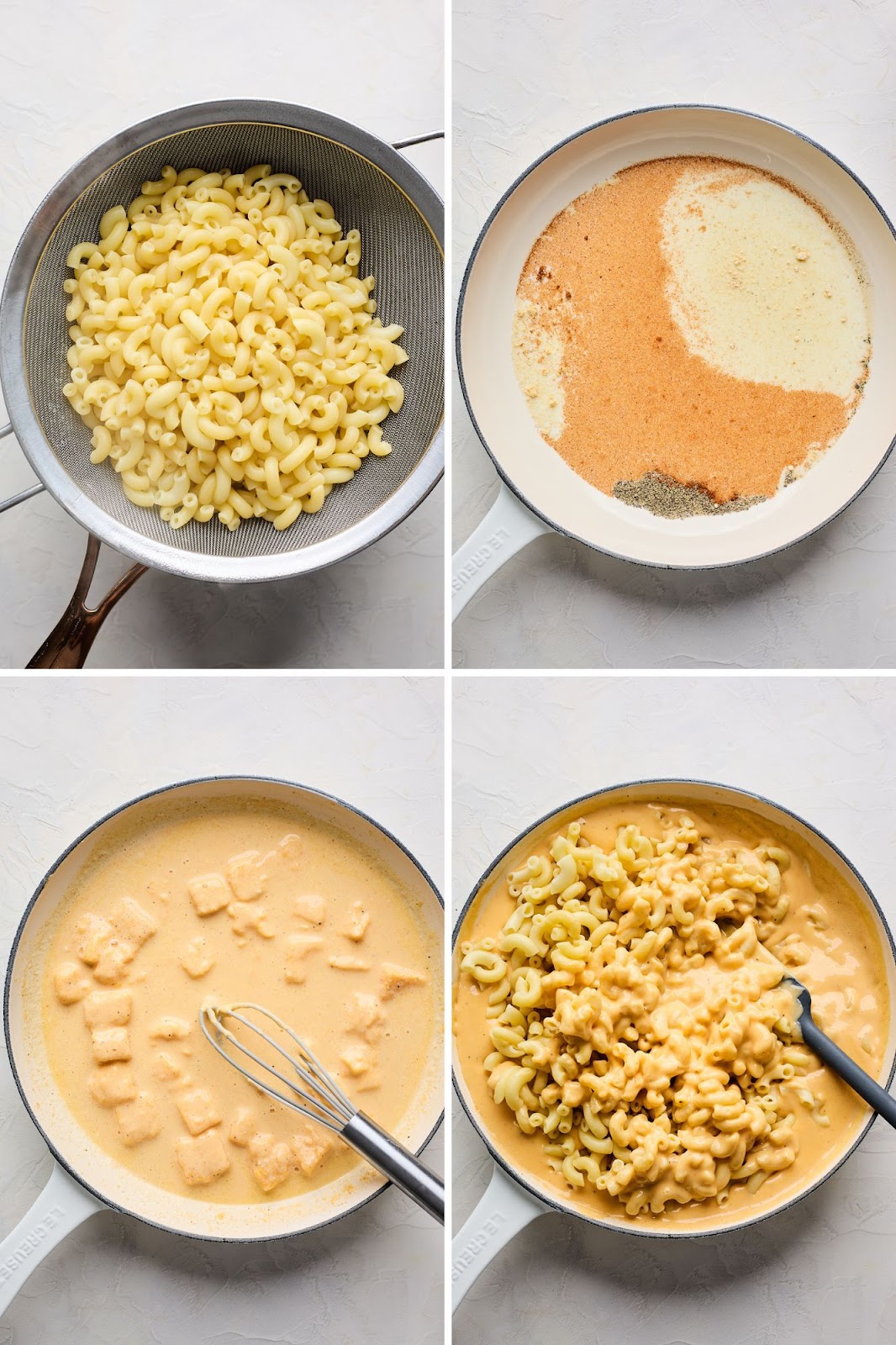 A collage of images showing how to make homemade macaroni and cheese with velvetta recipe