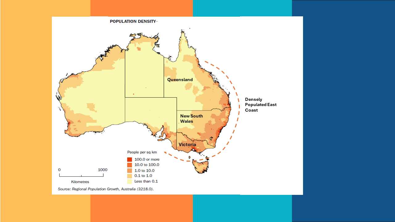 Map showing high population density in the Eastern Coast of Australia