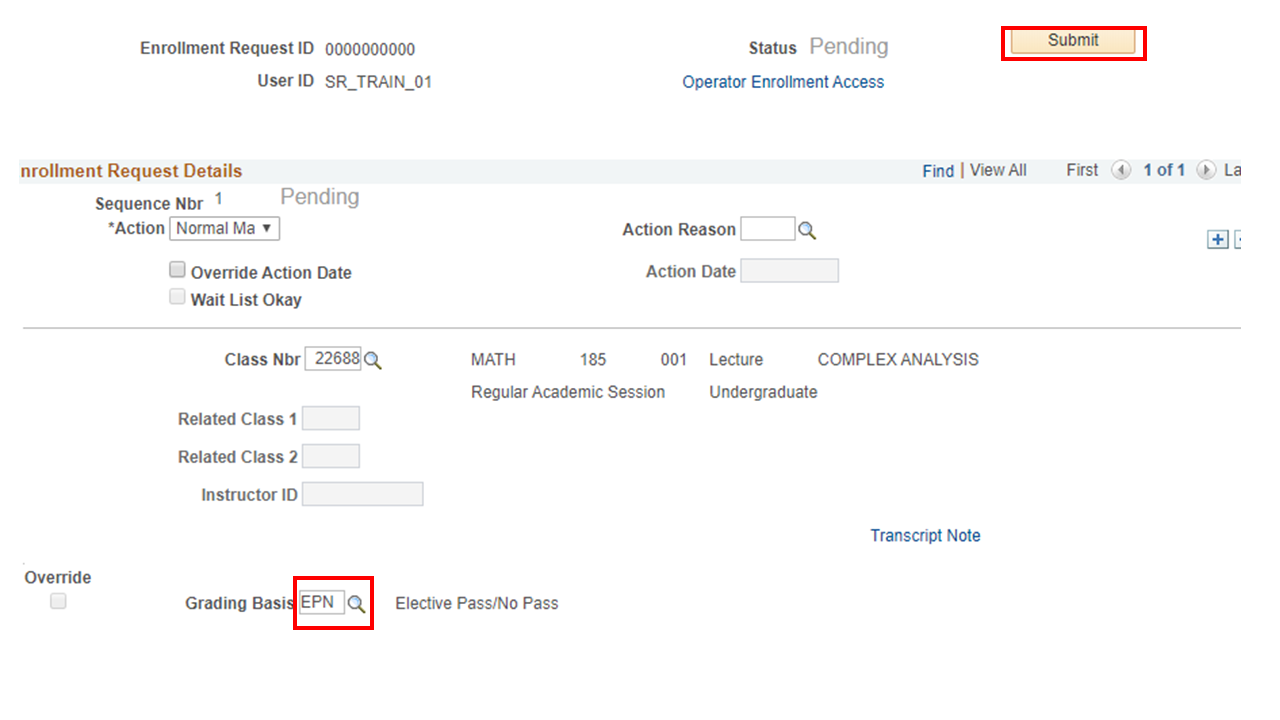 Enrollment Request Details section showing "Grading Basis" box and "Submit" button emphasized with red box highlight.
