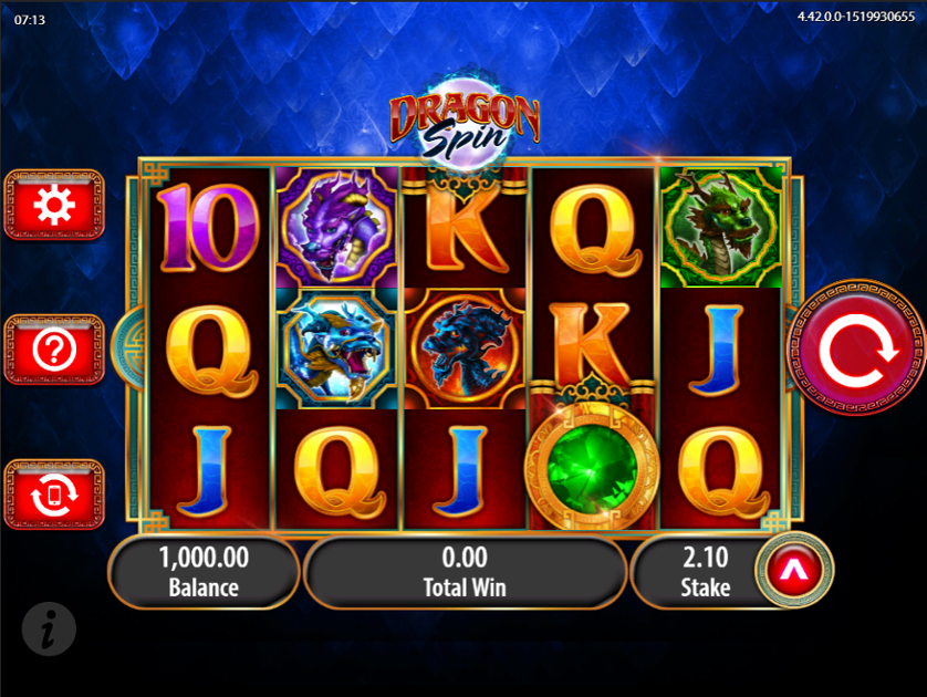 A screen shot of a resorts casino online year of the dragon slot game , dragon spin with a red background and a 5x3 grid with symbols of dragon, letters and gems.