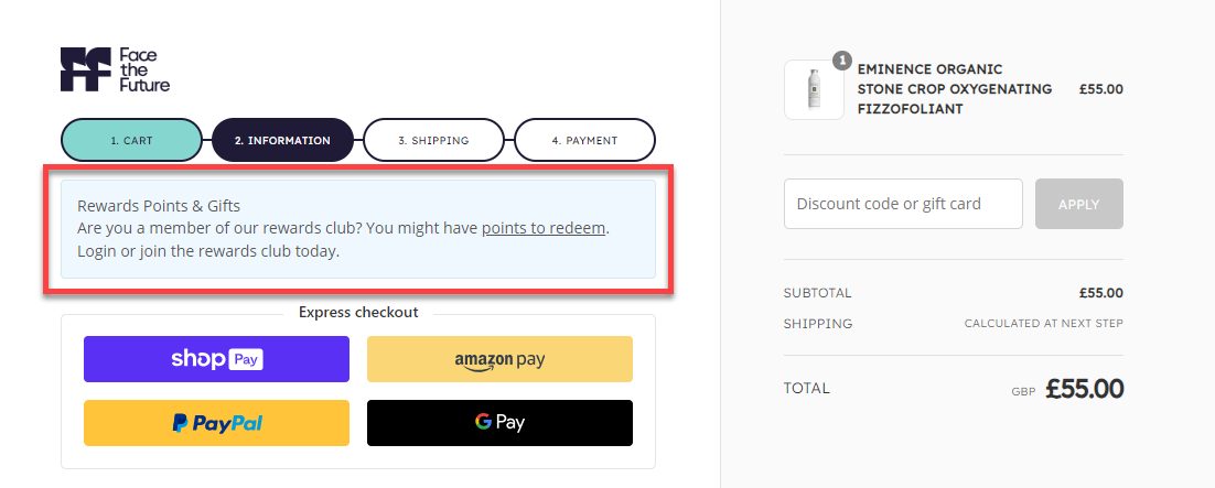face the future checkout page with rewards points message