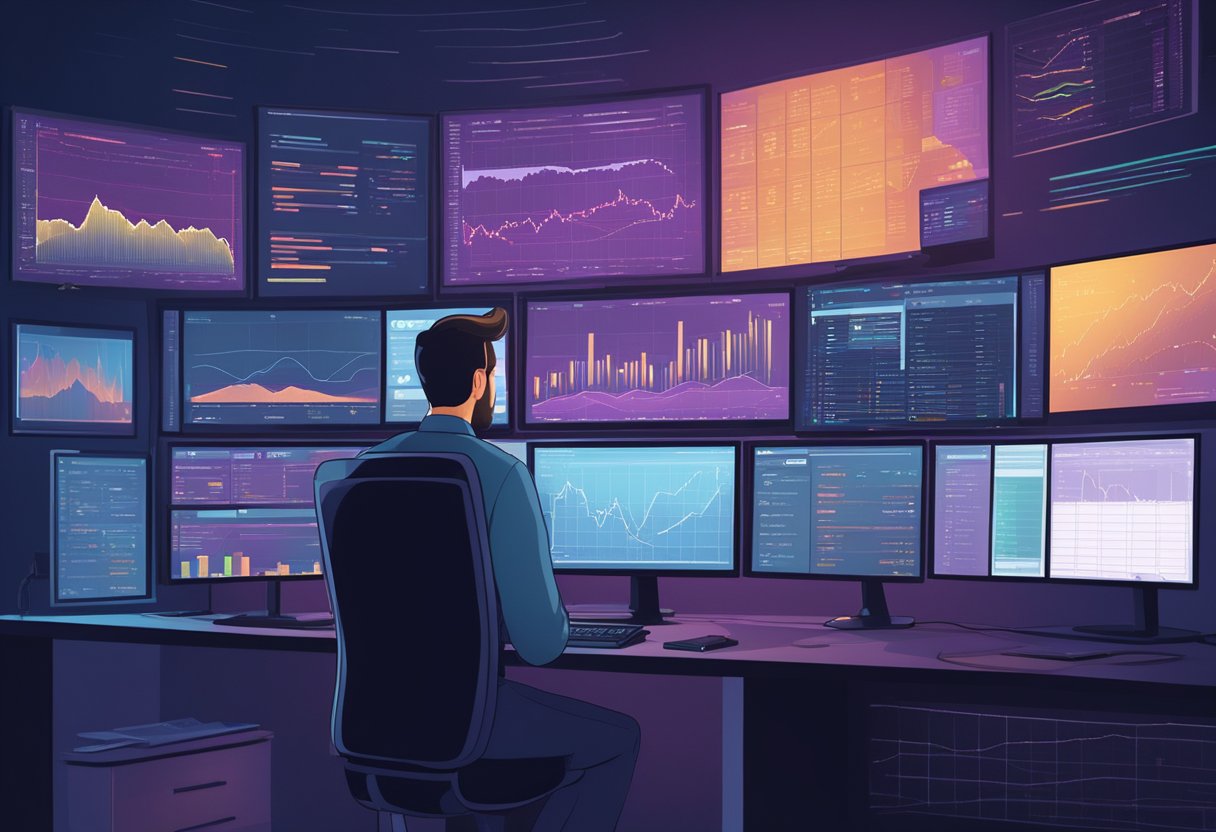 An investigator examines cryptocurrency data on multiple computer screens in a dimly lit room. Charts, graphs, and transaction logs cover the walls