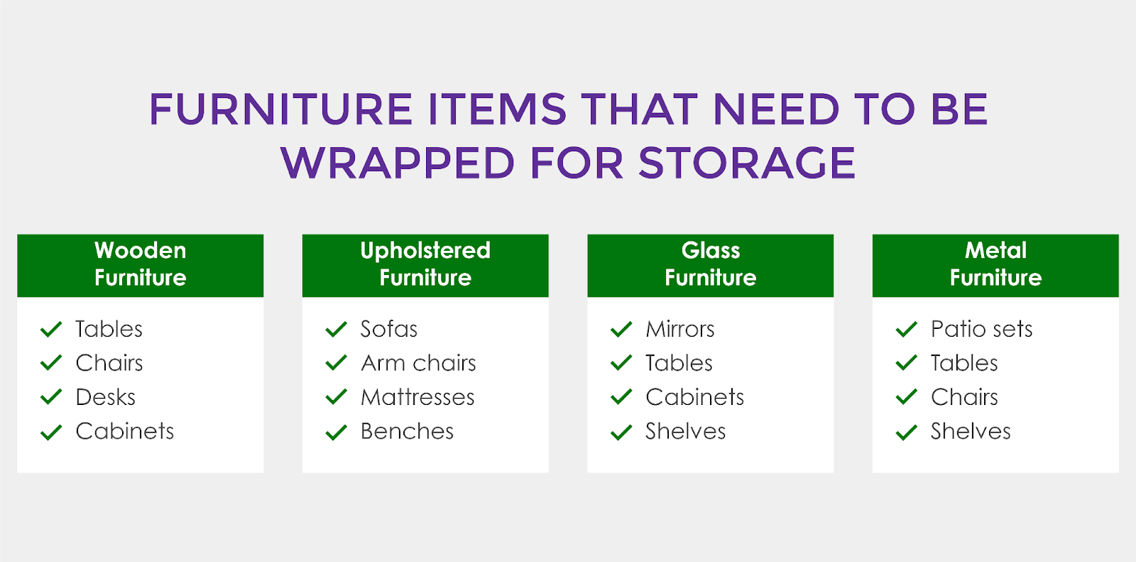 Furniture items that need to be wrapped for storage
