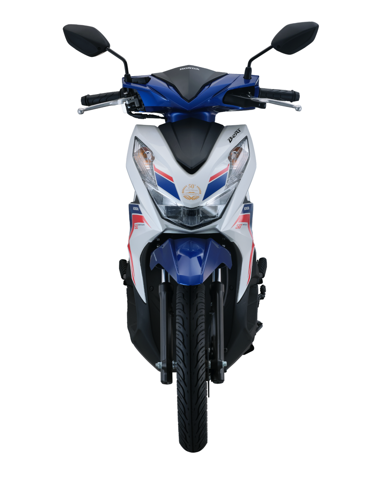 A white and blue motorcycle

Description automatically generated