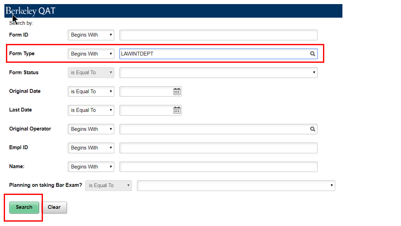 LAWINTDEPT entered for Form Type and "Search" button emphasized with red box highlight.