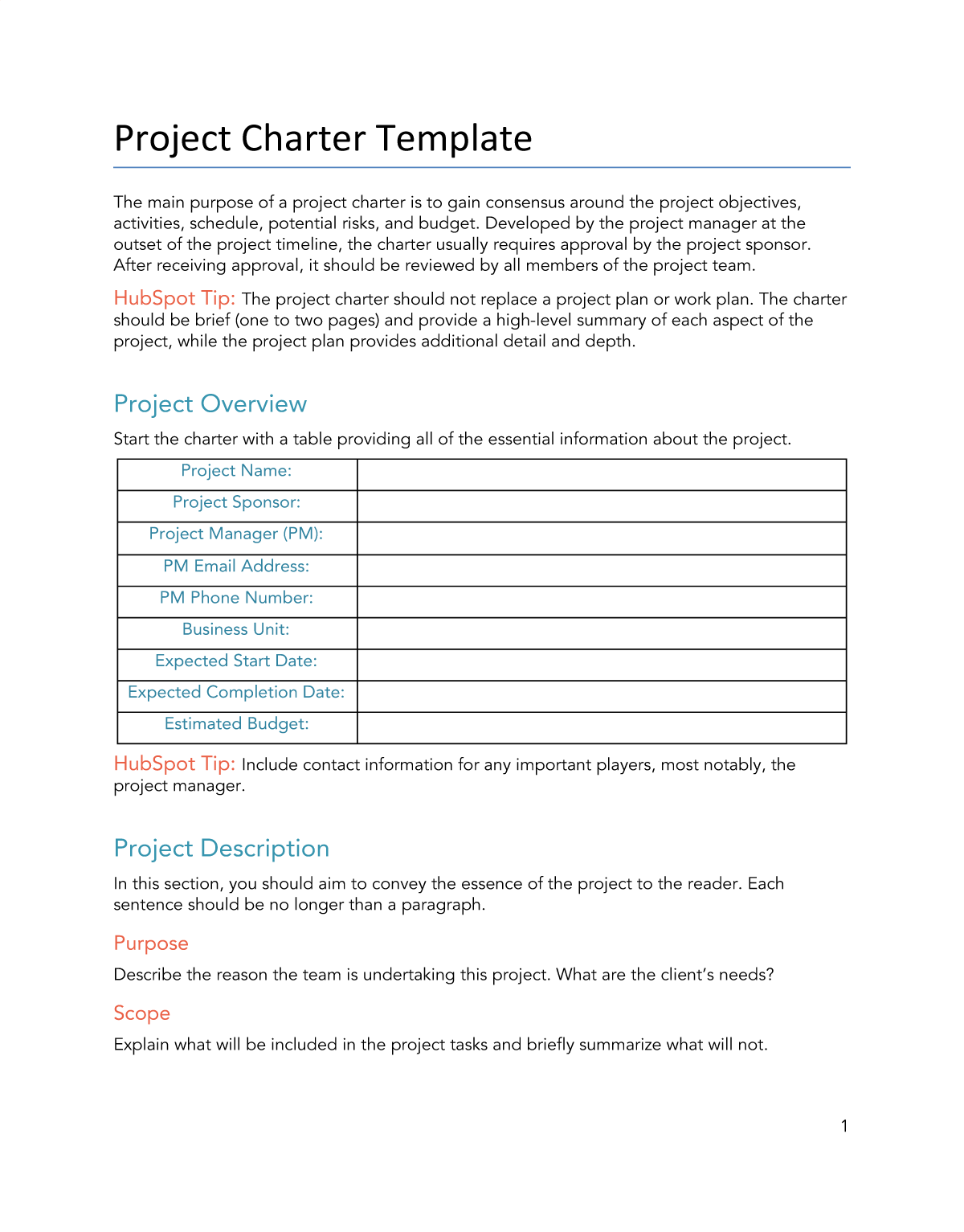 HubSpot's free project charter template