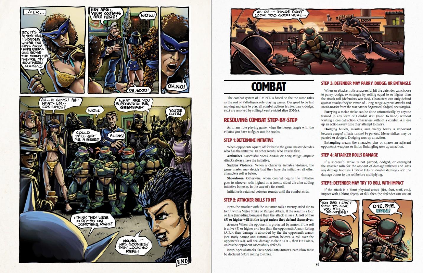 Comic and rules two-page spread - work in progress preview, text and art not final.