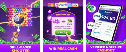 A colorful image from the game with bubbles and dollar bills and images showing how you can cash out.