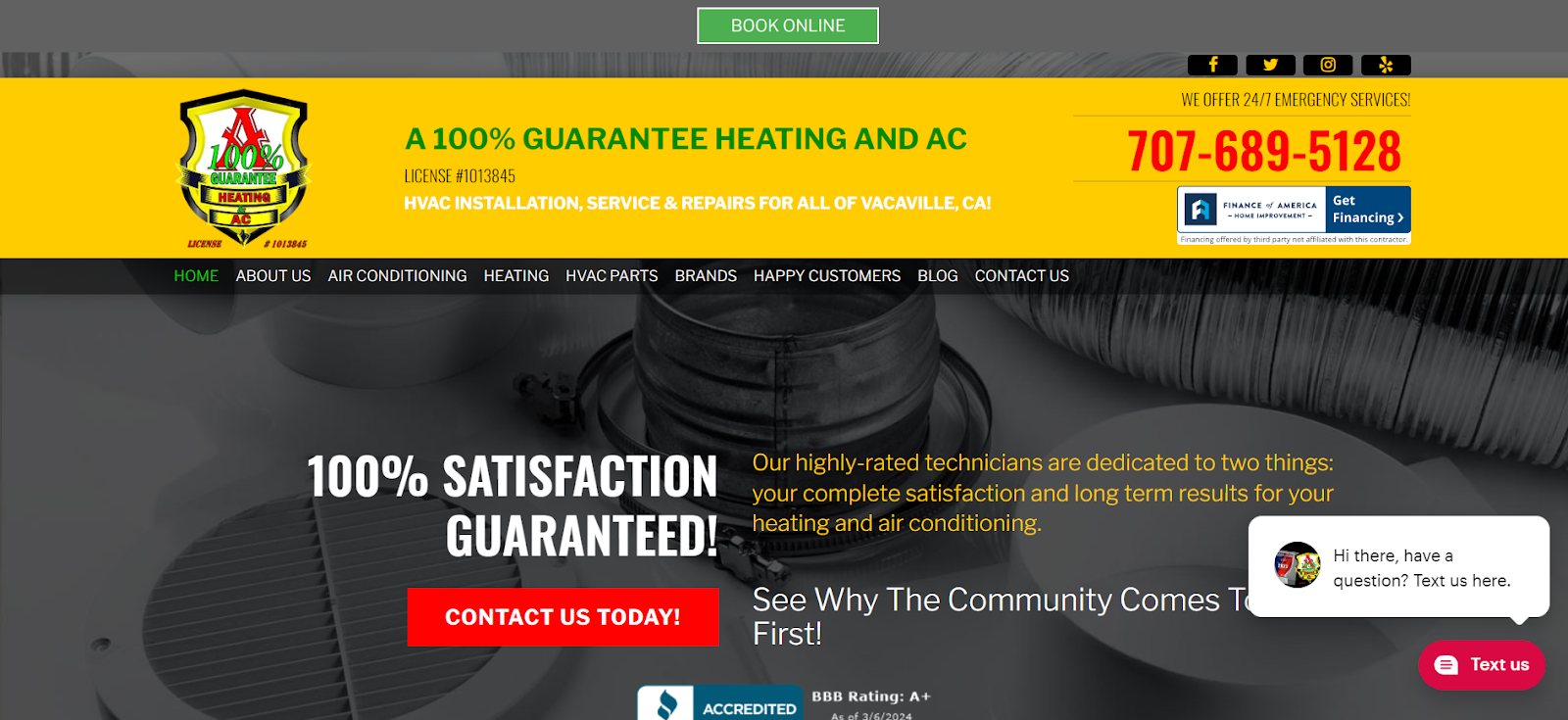 HVAC website example: 100% guarantee heating and AC