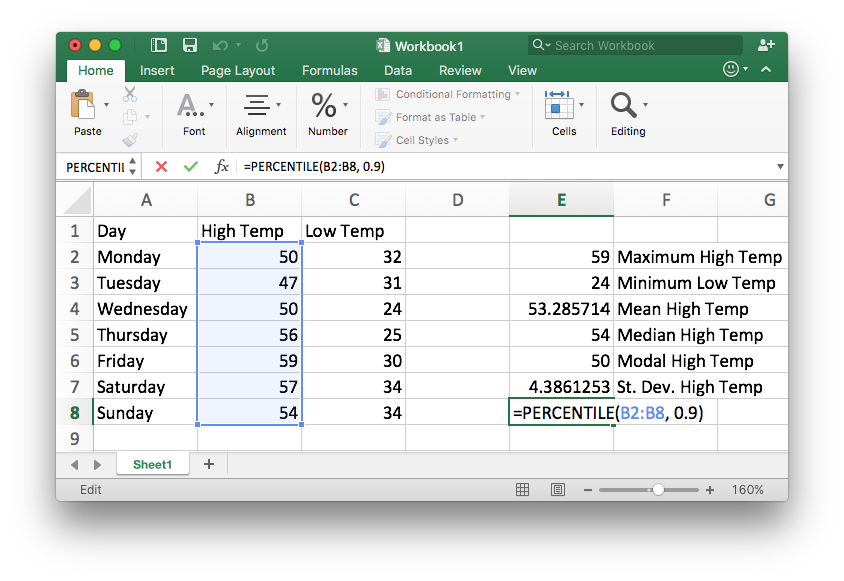The same excel spreadsheet as used previously. This example is demonstrating how to use the percentile function in the high temperature column.