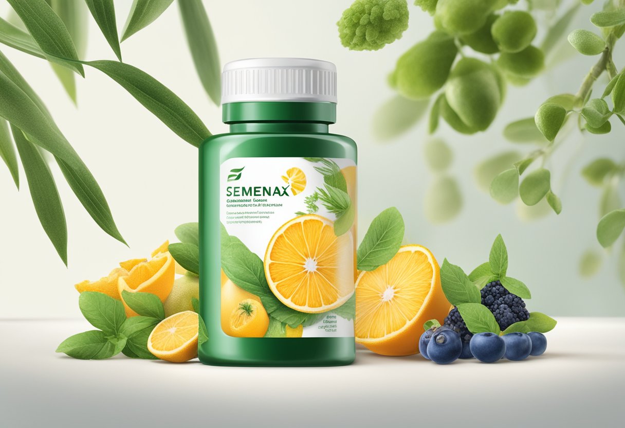 A bottle of Semenax sits on a clean, white surface, surrounded by natural elements like herbs and fruits, evoking a sense of health and efficacy