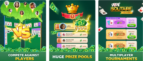 Colorful Solitaire Clash screenshots showing a tournament options and prize pools. 