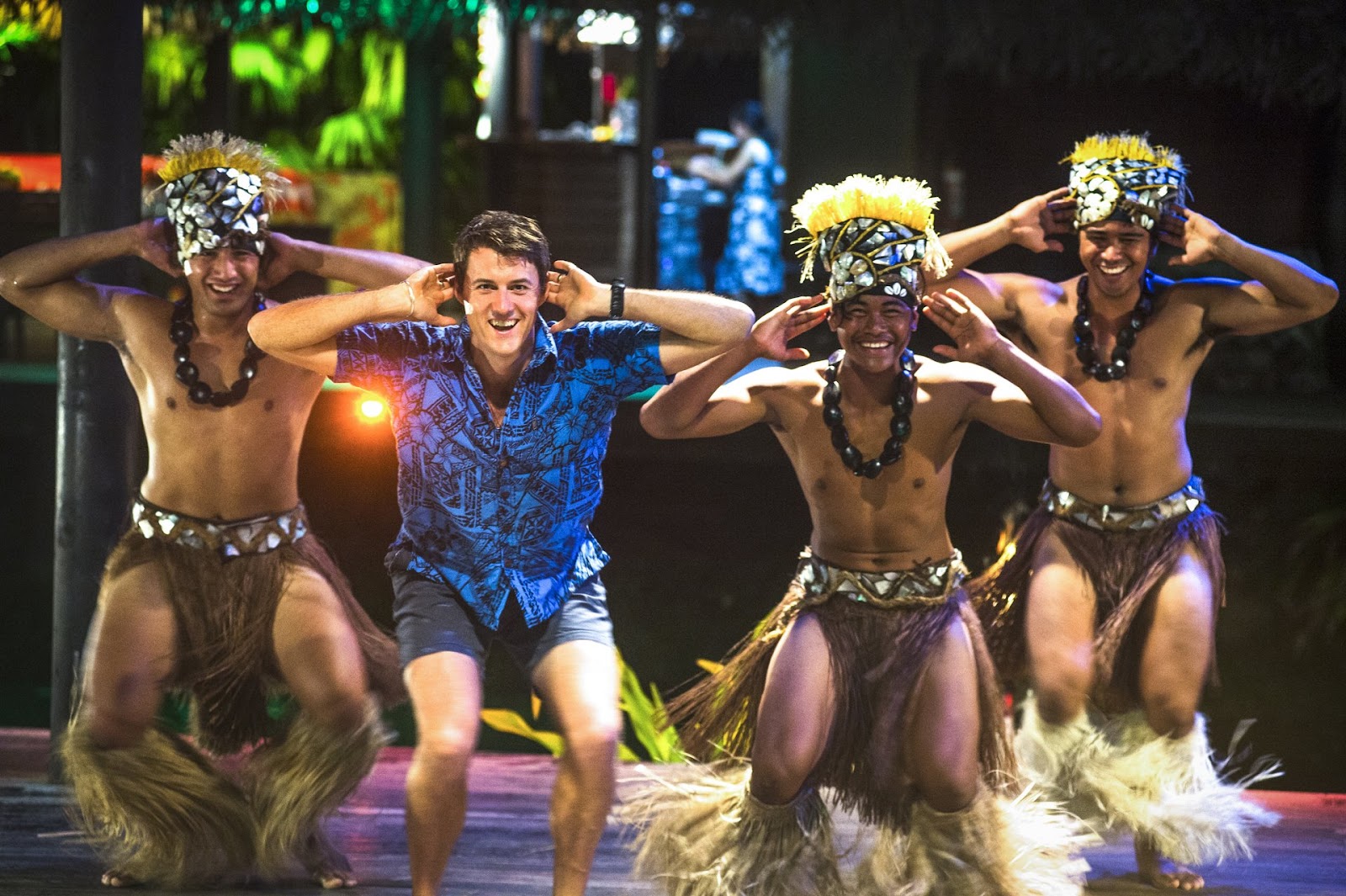 Close-up of a traditional Cook Islands dance performance during an "Island Night" show.